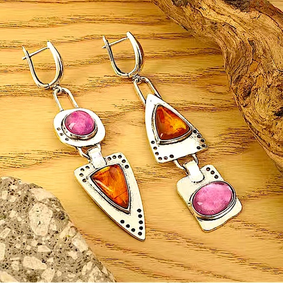 Vintage Boho Geometric Silver Gemstone Irregular Dangle Earrings - Picture 4 of 7